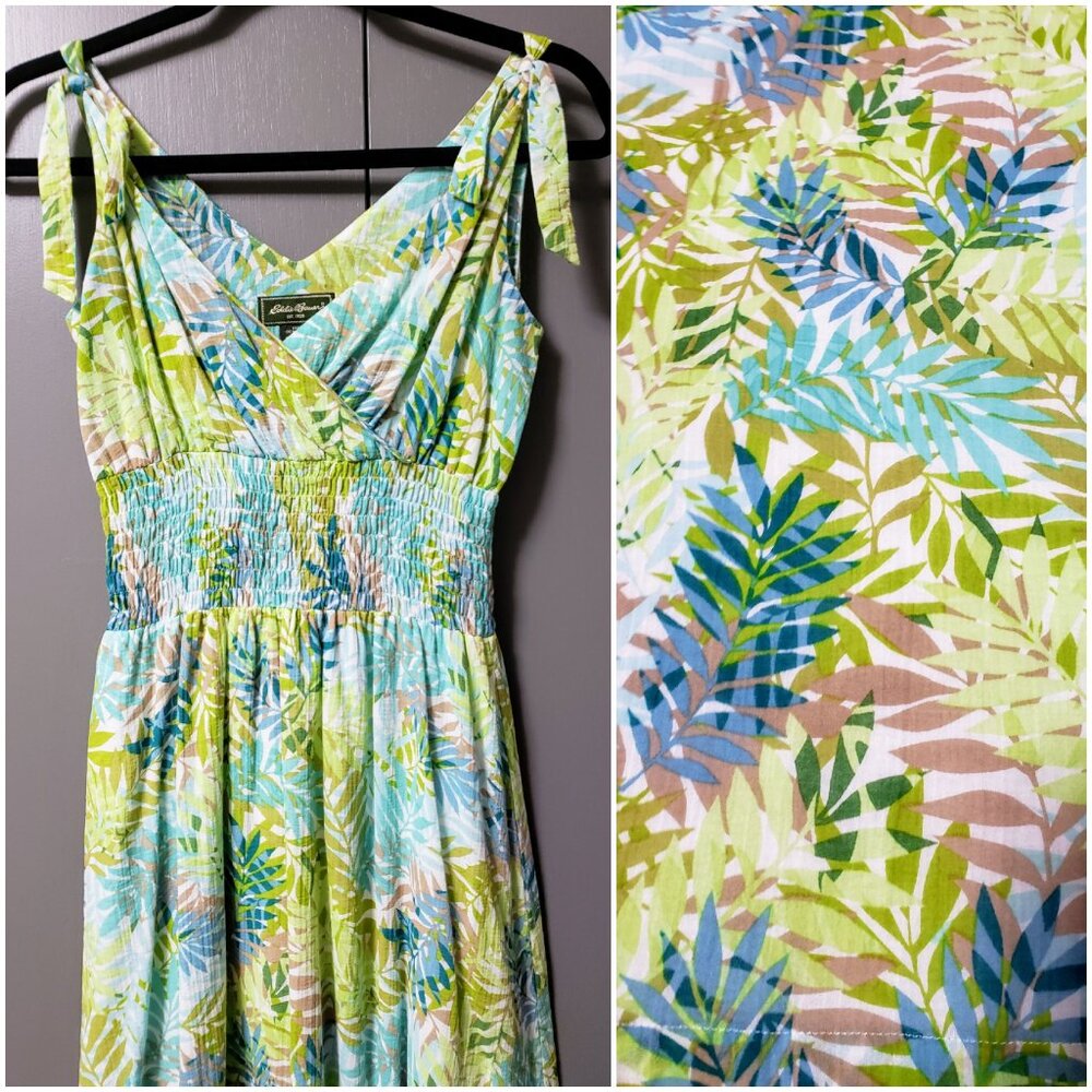 VTG Eddie Bauer 100% Cotton Smocked Waist Tropical Midi Sundress